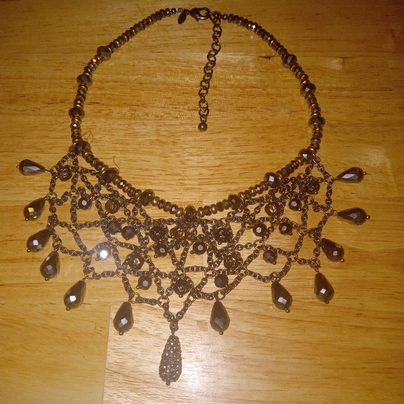 Vintage Chico's BoHo Bibb Necklace style Gold silver brown glass mix metals bead - Picture 5 of 16
